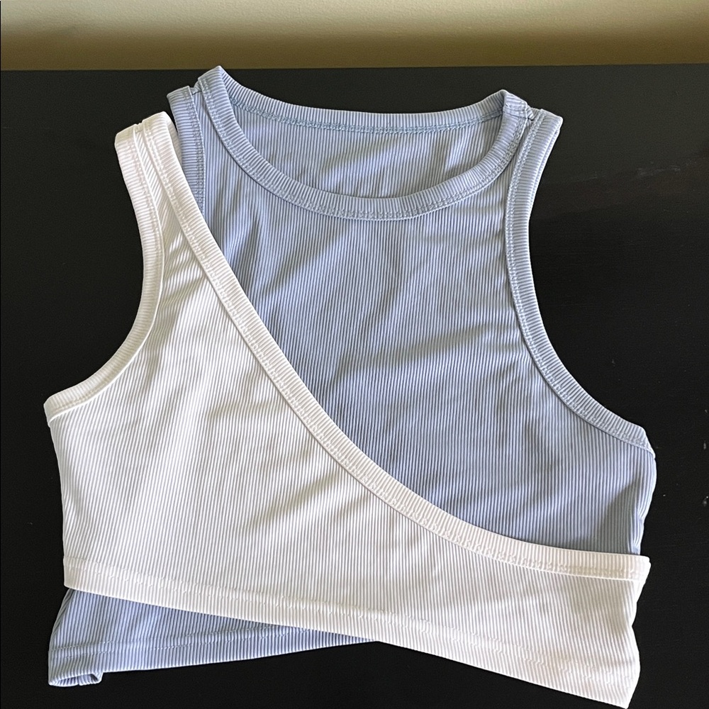 Fresral Stylish Two Tone Blue and White Asymmetrical Cutout Top